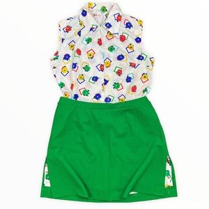 Vintage 60’s 70’s Roman’s Two Piece Skirt Green Button Up Flowers Abstract 38/34